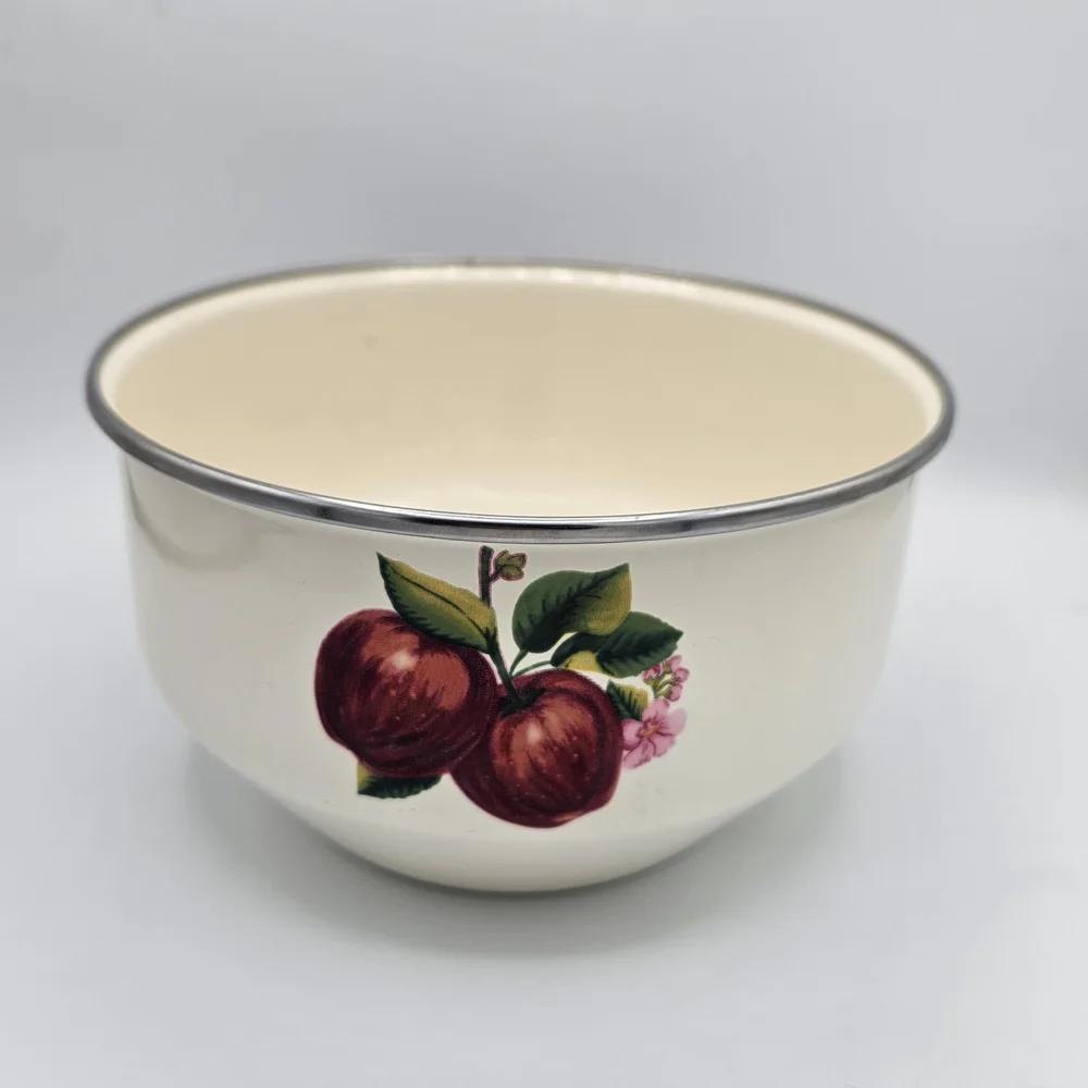 Vintage Enamel Bowl with Apple Design